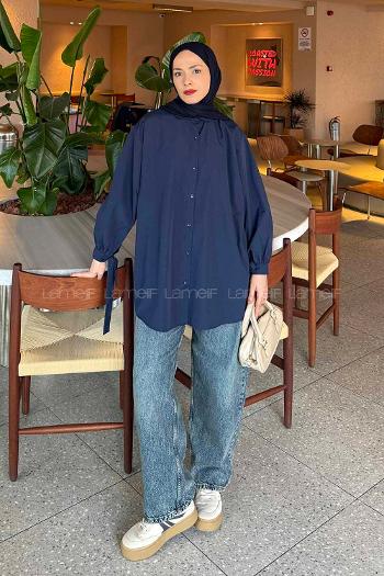 Lamelif Kol Detaylı Gömlek Lacivert