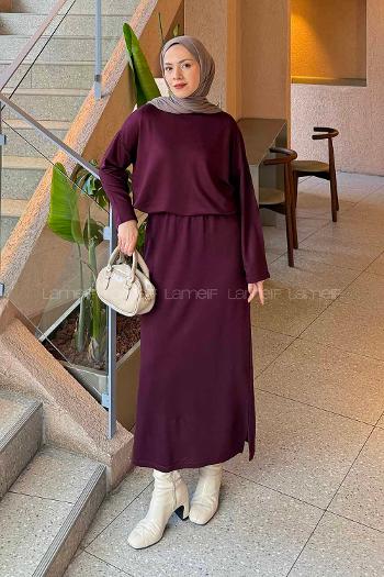 Plum Crew Neck Long Arm Poplin Fabric Straight Skirt Suit