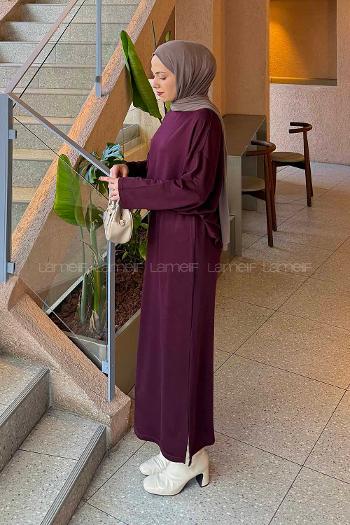 Plum Crew Neck Long Arm Poplin Fabric Straight Skirt Suit