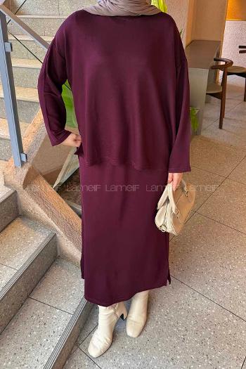 Plum Crew Neck Long Arm Poplin Fabric Straight Skirt Suit