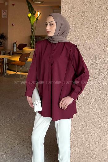 Lamelif Omuz Vatka Detaylı Tesettür Gömlek Bordo
