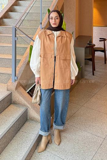 Lamelif Önü Çıtçıt Düğmeli Yelek Camel