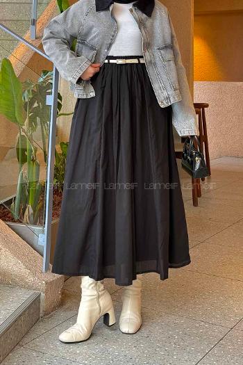 Lamelif Vual Kemerli Tesettür Etek Siyah