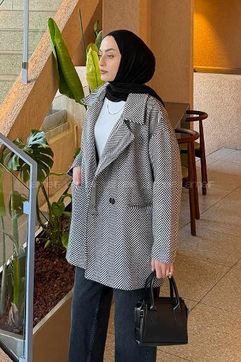 Black Normal Neck Long Arm Herringbone Coat