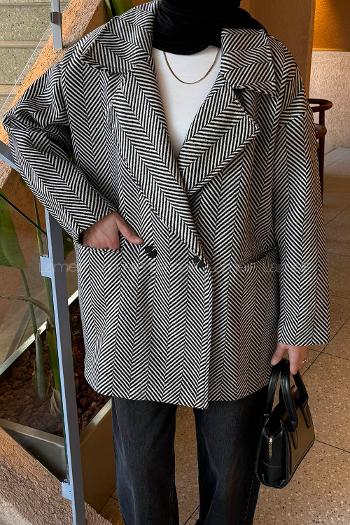 Black Normal Neck Long Arm Herringbone Coat