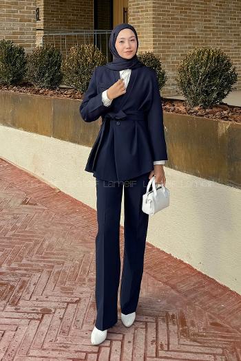 Lamelif Bağlama Detaylı Ceket-Pantolon Takım Lacivert