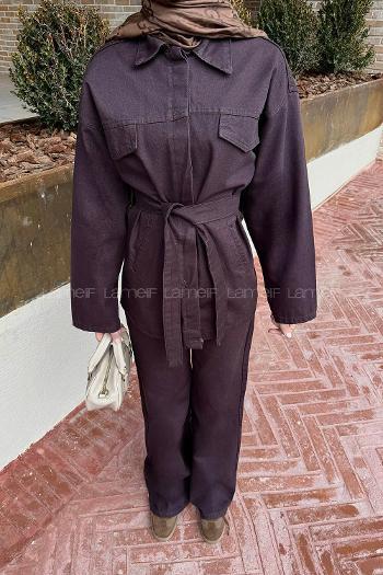 Lamelif Bağlama Detaylı Kot Takım Acı Kahve