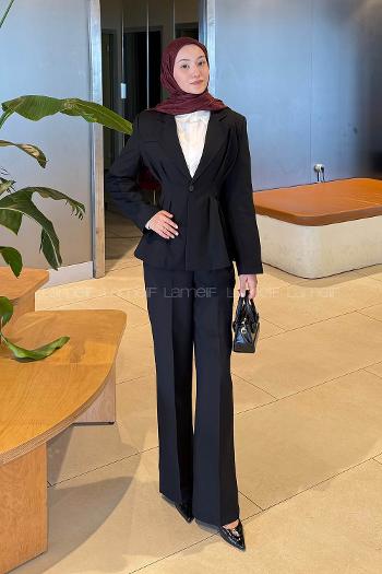 Lamelif Belden Oturtmalı Ceket-Pantolon Takım Siyah