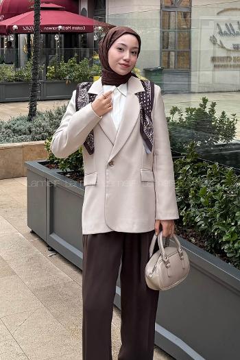 Lamelif Fular Detaylı Blazer Ceket Taş Rengi