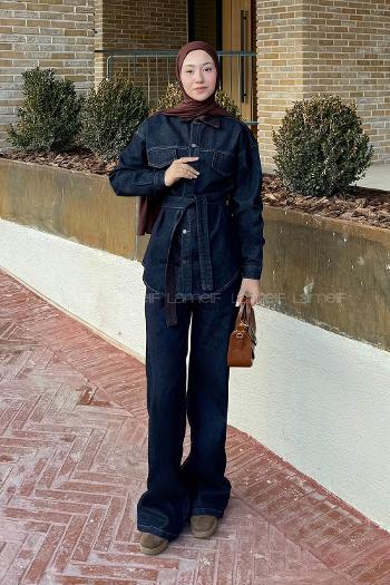 Lamelif Yaka Detaylı Kot Takım Koyu Mavi Yıkama Rengi