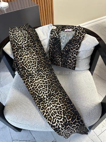 Lamelif Leopar Desen Süet Kumaş Pijama Seti
