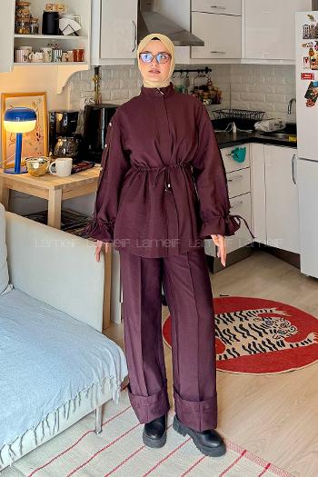 Lamelif Bağlama Detaylı Etekli Takım Mürdüm