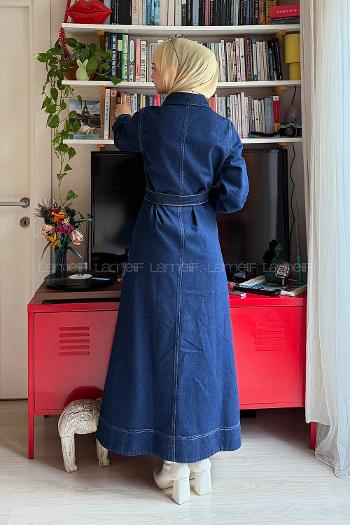 Lamelif Bağlama Detaylı Kot Elbise Koyu Mavi