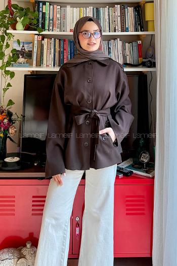 Lamelif Bağlama Detaylı Omuz Apoletli Trençkot Acı Kahve