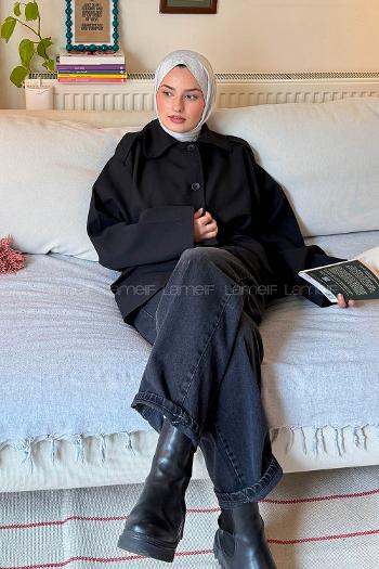 Lamelif Bağlama Detaylı Omuz Apoletli Trençkot Siyah