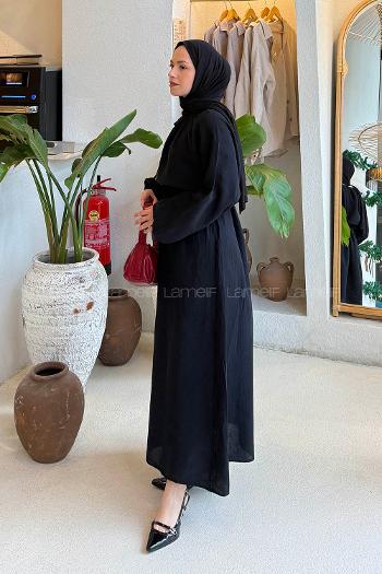 Lamelif Balon Kol Bağlamalı Tesettür Elbise Siyah