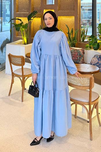 Lamelif Balon Kol Katlı Tesettür Elbise Bebe Mavisi