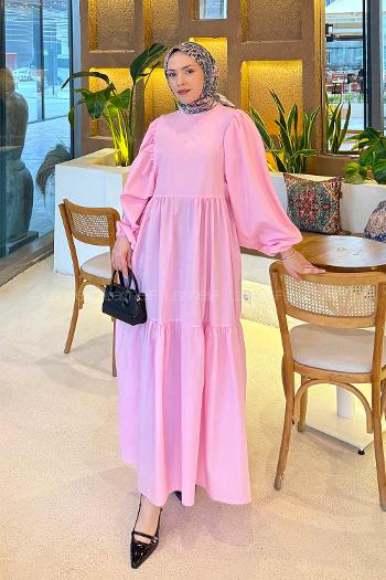 Lamelif Balon Kol Katlı Tesettür Elbise Şeker Pembesi