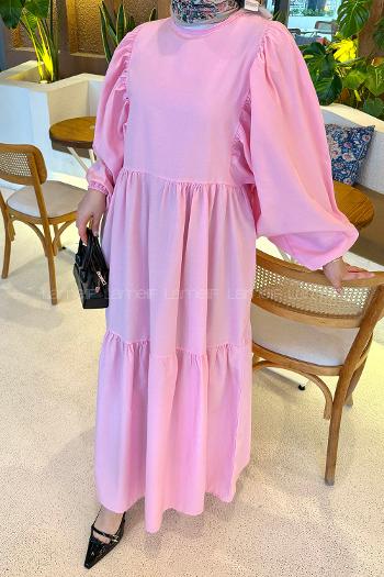 Lamelif Balon Kol Katlı Tesettür Elbise Şeker Pembesi