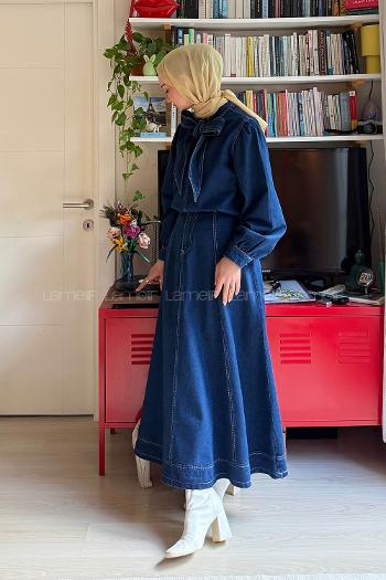 Lamelif Boyun Bağlama Detaylı Etekli Takım Kot Mavisi