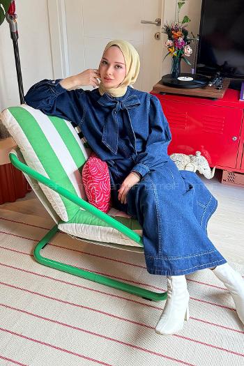 Lamelif Boyun Bağlama Detaylı Etekli Takım Kot Mavisi