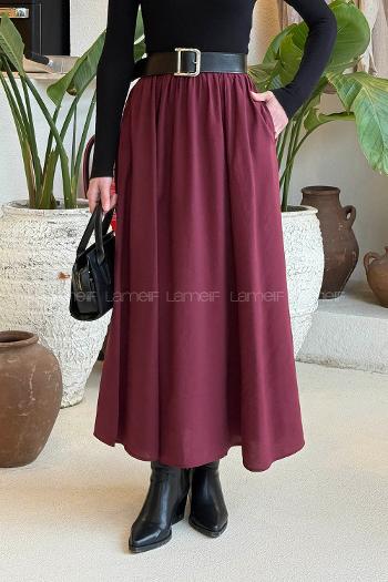 Lamelif Cep Detaylı Tensel Kloş Etek Bordo