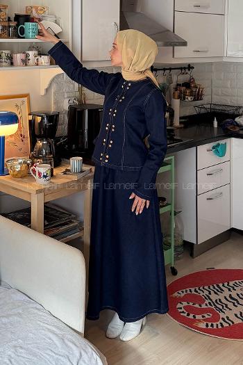 Lamelif Çıtçıt Detaylı Etekli Kot Takım Koyu Mavi