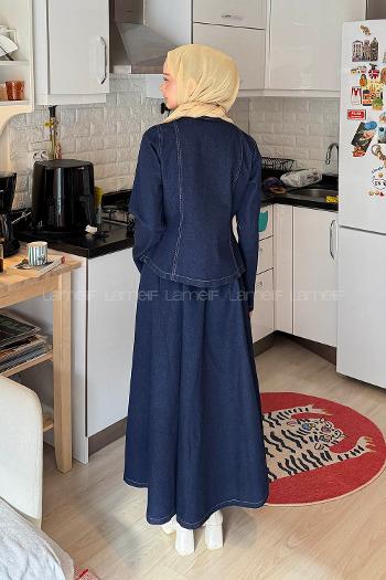 Lamelif Çıtçıt Detaylı Etekli Kot Takım Koyu Mavi