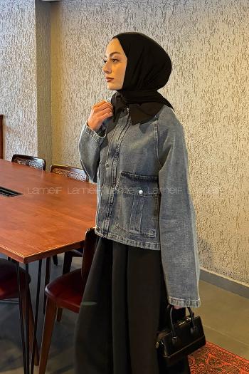 Lamelif Çıtçıtlı Siyah Gömlek Yaka Detaylı Denim Ceket Kot Mavisi