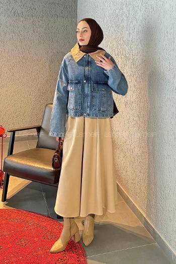 Lamelif Çıtçıtlı Vizonrengi Gömlek Yaka Detaylı Denim Ceket Kot Mavisi