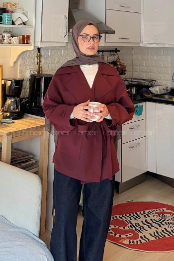 Lamelif Dökümlü Kemerli Trençkot Bordo