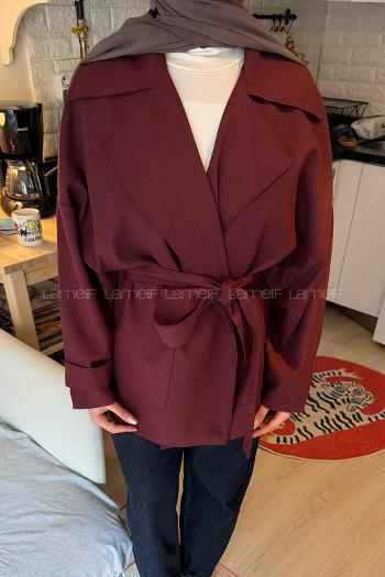 Lamelif Dökümlü Kemerli Trençkot Bordo