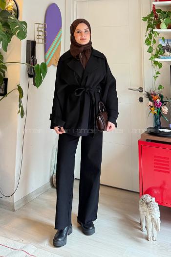 Lamelif Dökümlü Kemerli Trençkot Siyah