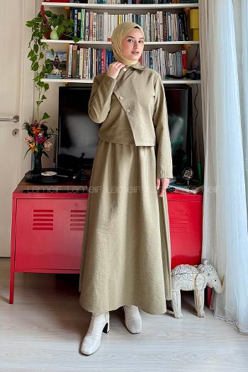 Lamelif Gold Düğme Detaylı Etekli Takım Haki