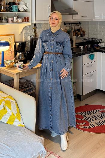 Lamelif Kemerli Kot Elbise Açık Mavi