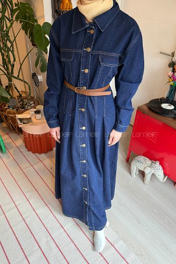 Lamelif Kemerli Kot Elbise Kot Mavisi