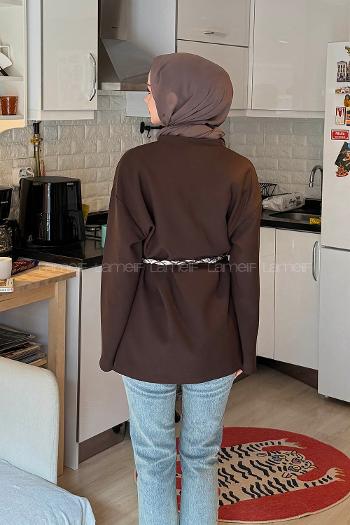 Lamelif Kemerli Tesettür Ceket Kahverengi