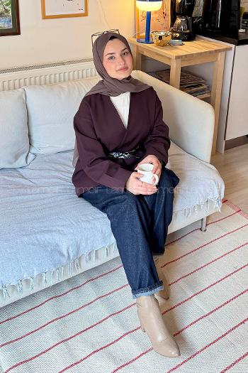 Lamelif Kemerli Tesettür Ceket Mürdüm
