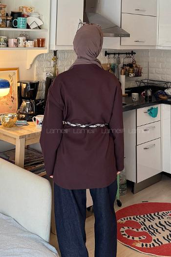 Lamelif Kemerli Tesettür Ceket Mürdüm