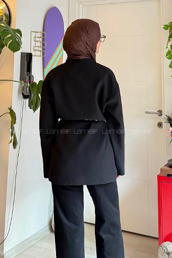 Lamelif Kemerli Tesettür Ceket Siyah
