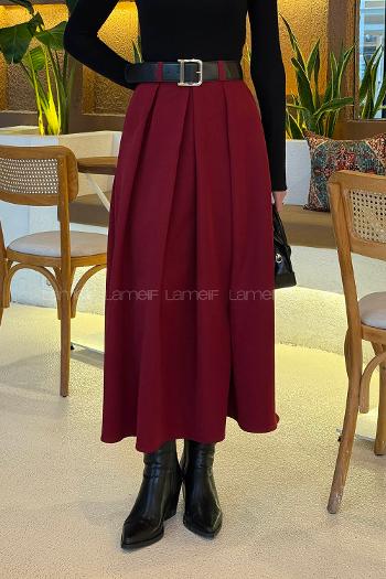 Claret Red Polyester Flared Skirt Skirt