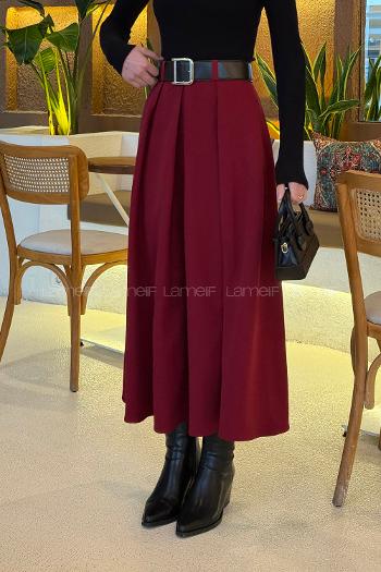 Claret Red Polyester Flared Skirt Skirt