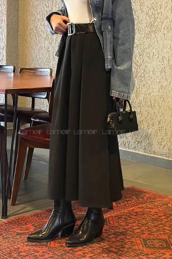 Black Polyester Flared Skirt Skirt