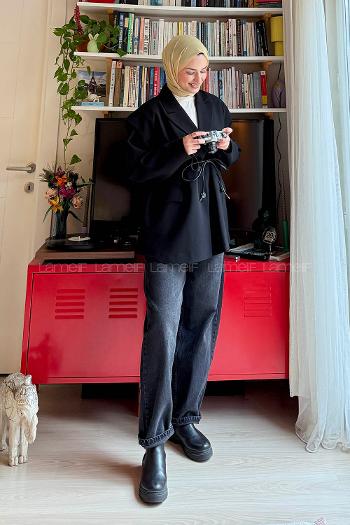 Lamelif Kol Detaylı Oversize Ceket Siyah