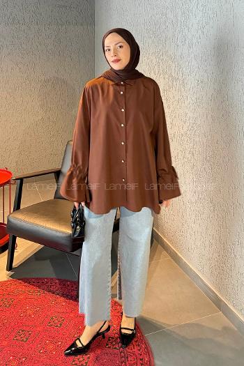 Lamelif Kol Tünel İp Detaylı Gömlek Acı Kahve