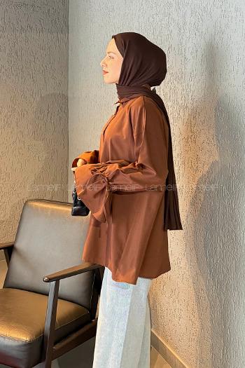 Lamelif Kol Tünel İp Detaylı Gömlek Acı Kahve