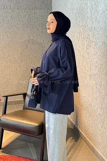 Navy Blue Shirt Collar Long Arm Poplin Fabric Shirt