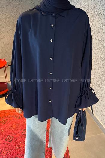 Navy Blue Shirt Collar Long Arm Poplin Fabric Shirt