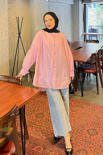 Lamelif Manşeti Biyeli Tunik Pembe