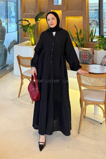 Black Mandarin Collar Cotton Unprinted Dresess